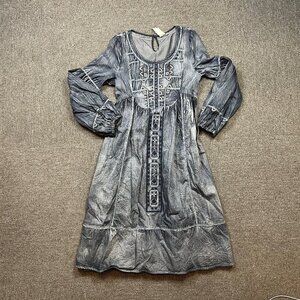 Keer Qiaowa Embroidered Denim Boho Midi Hippie Sun Dress Size Medium Puff Sleeve